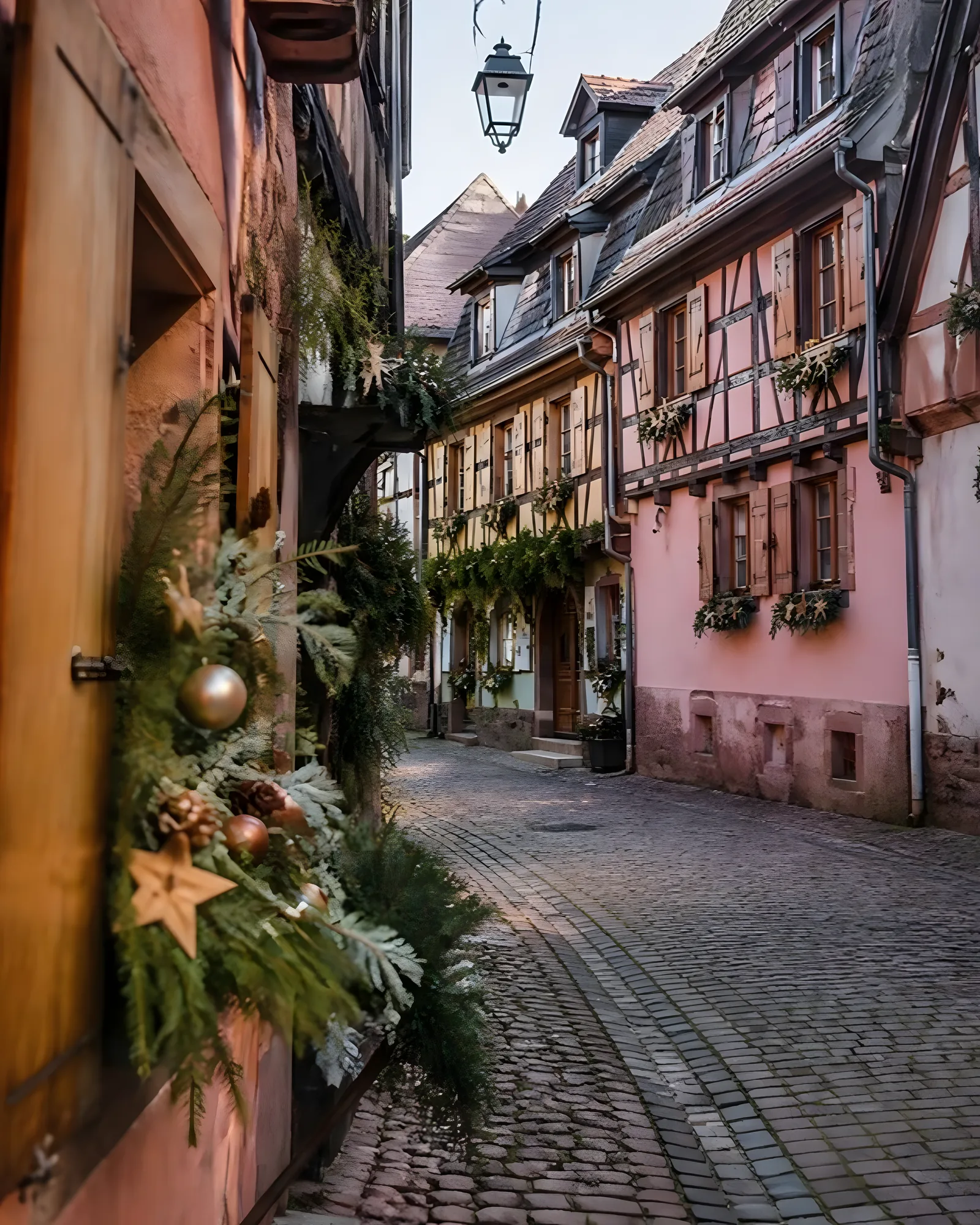 Narrow cobbled lane between colorful half-timbered houses decorated for Christmas in an Alsace village