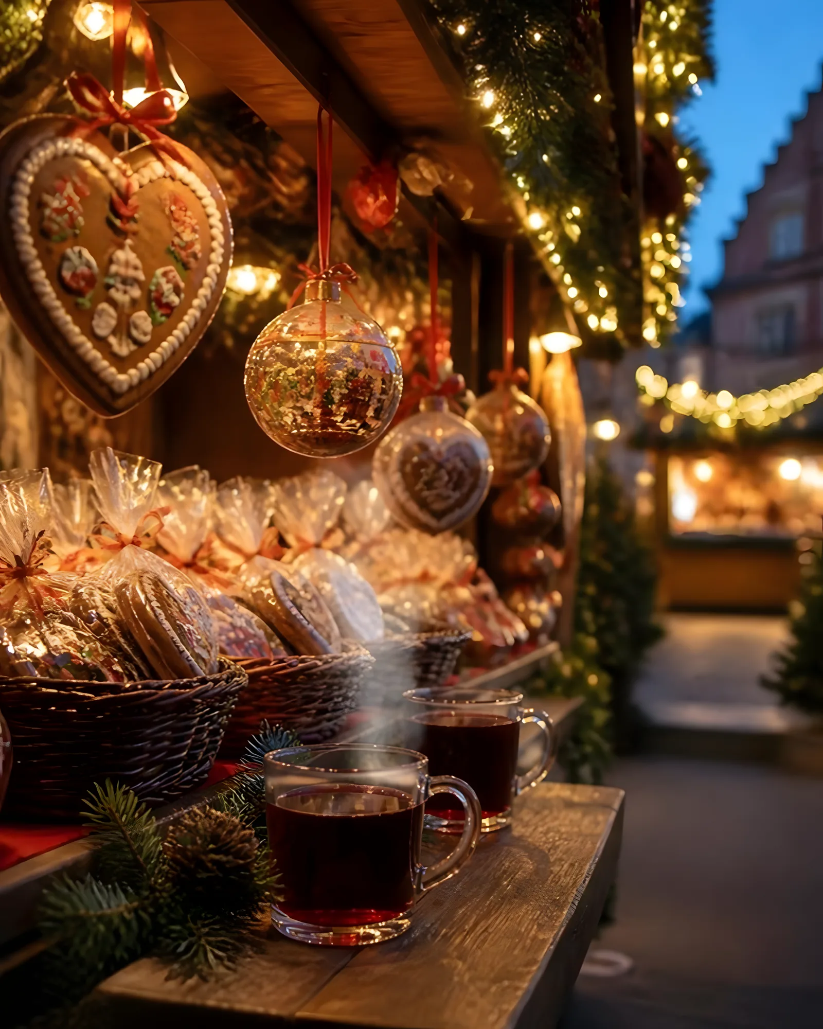 Christmas market stall with gingerbread hearts, ornaments and a glass of mulled wine at dusk
