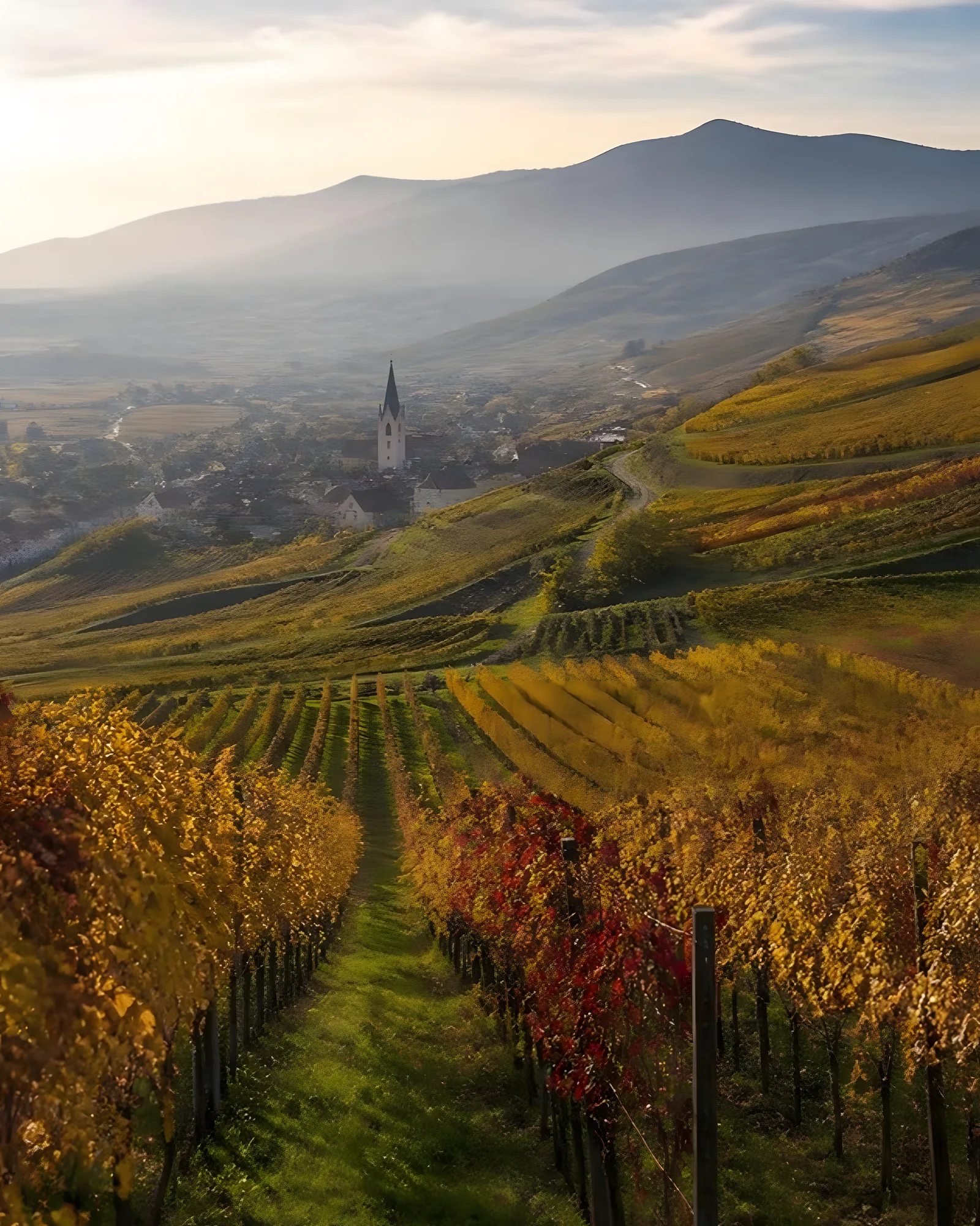 Autumn vineyard rows on the Alsace Wine Route with a village church steeple and the Vosges mountains behind