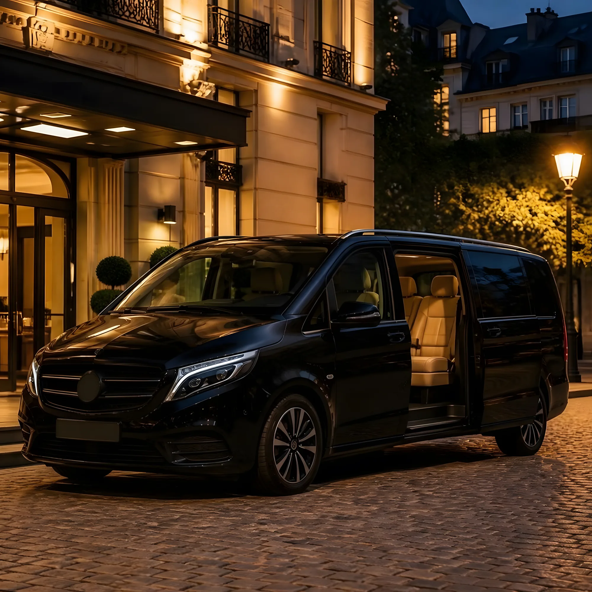 Black private van waiting in front of a hotel entrance in the evening
