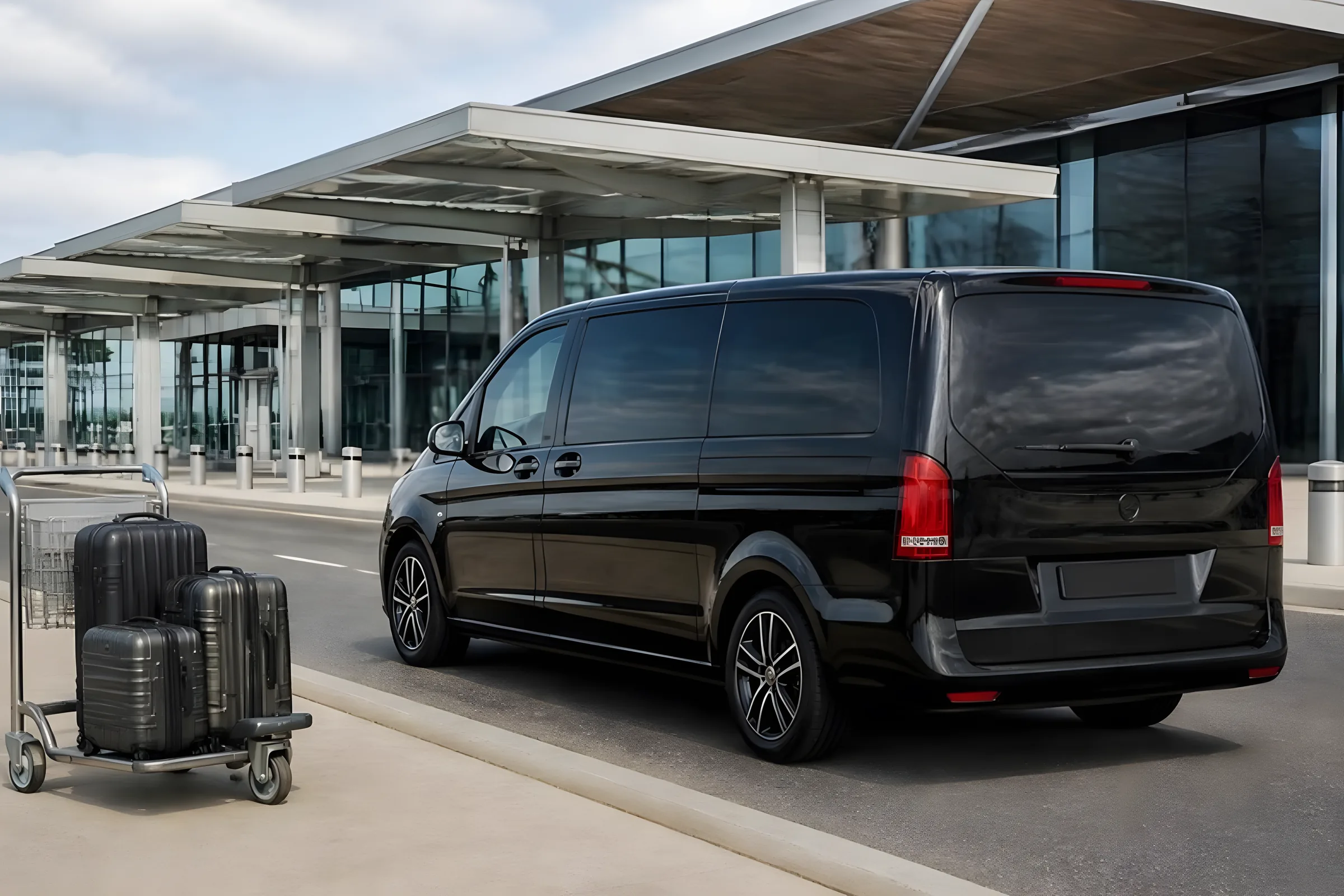 Black private van waiting at the curb of a regional airport terminal, with suitcases on a trolley