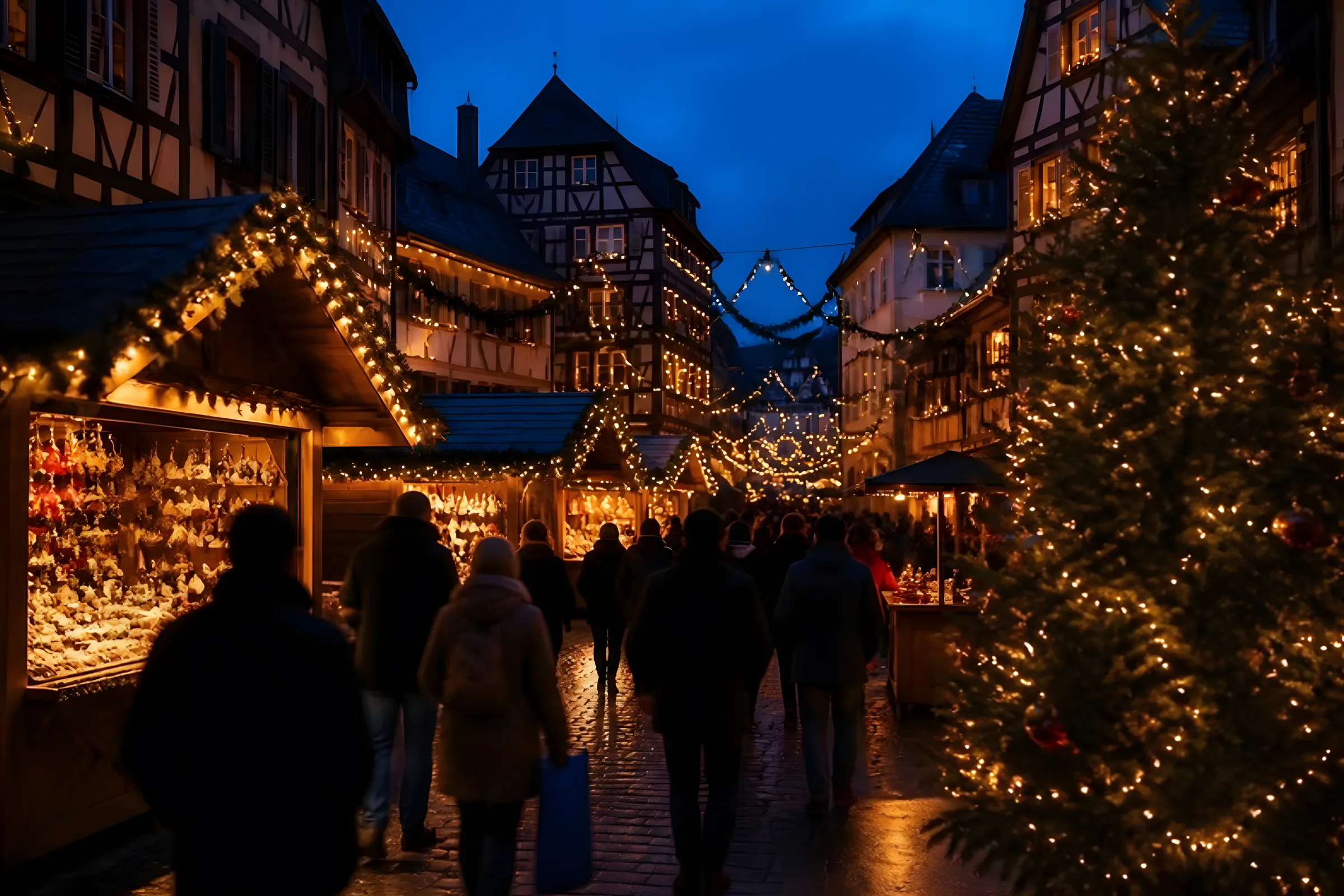 Alsace Christmas market street at blue hour with lit wooden chalets and a decorated Christmas tree