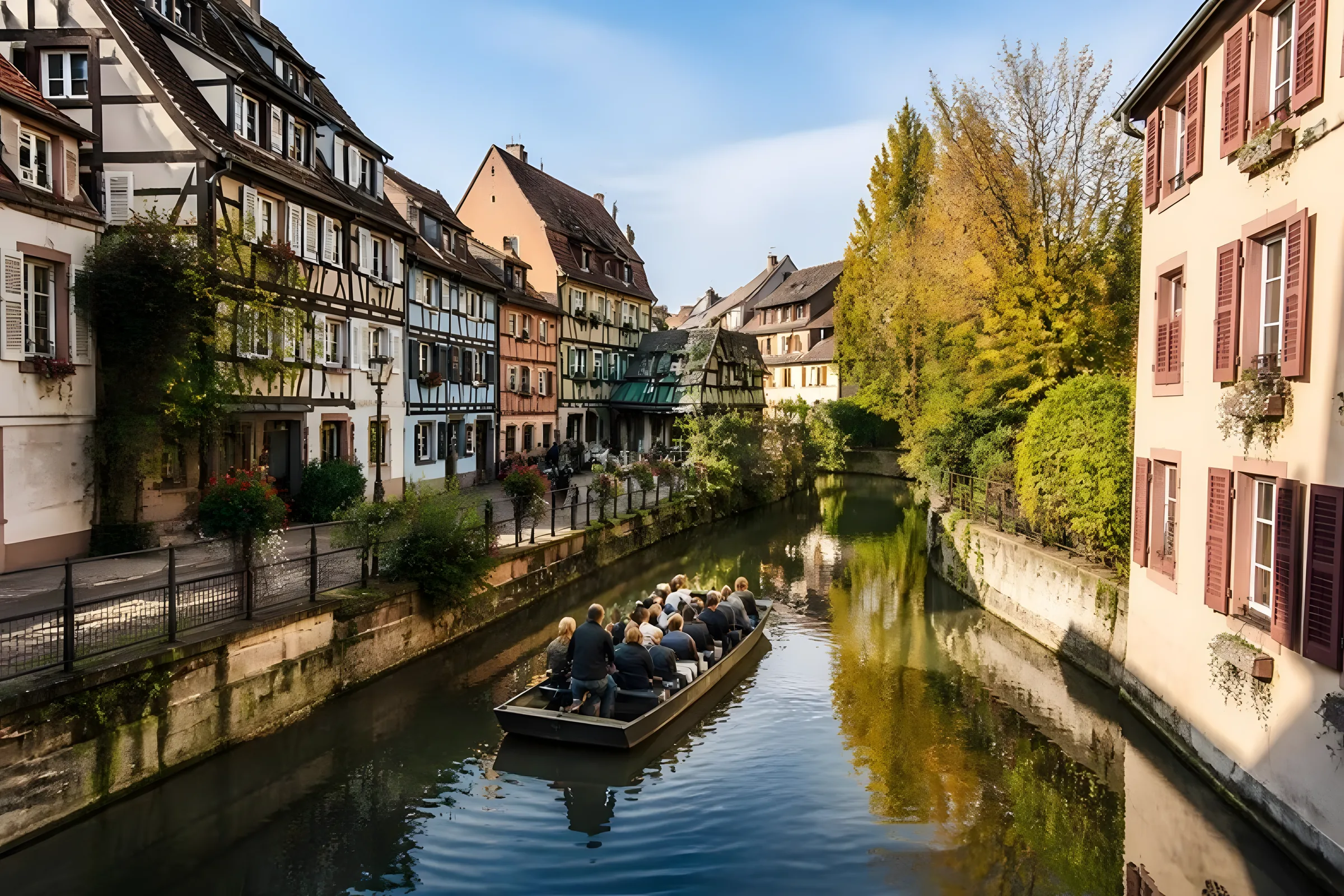 Flat-bottomed boat on the canal of Little Venice in Colmar between colorful half-timbered houses