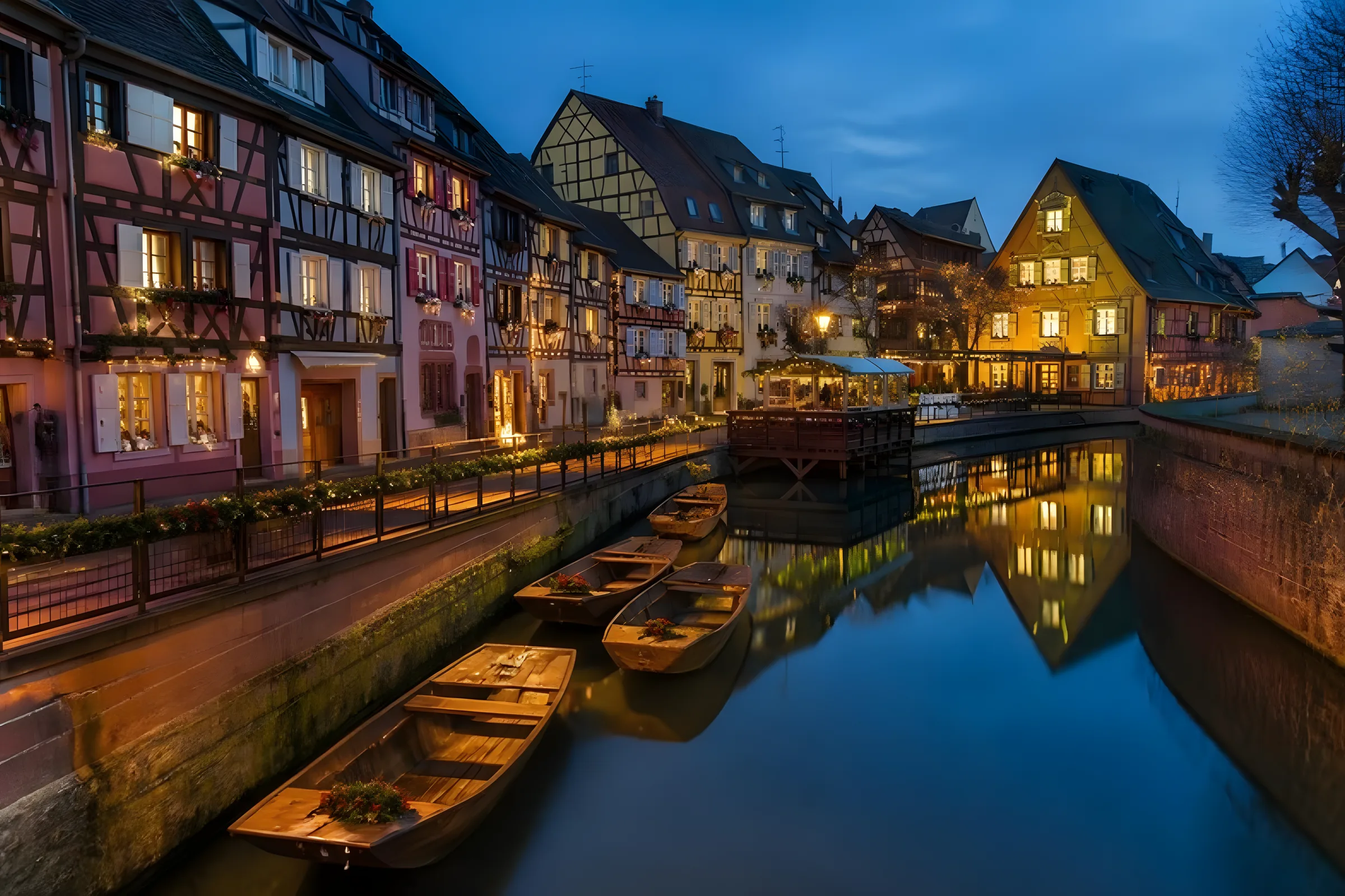 Canal lined with colorful half-timbered houses and Christmas lights reflecting in the water at dusk