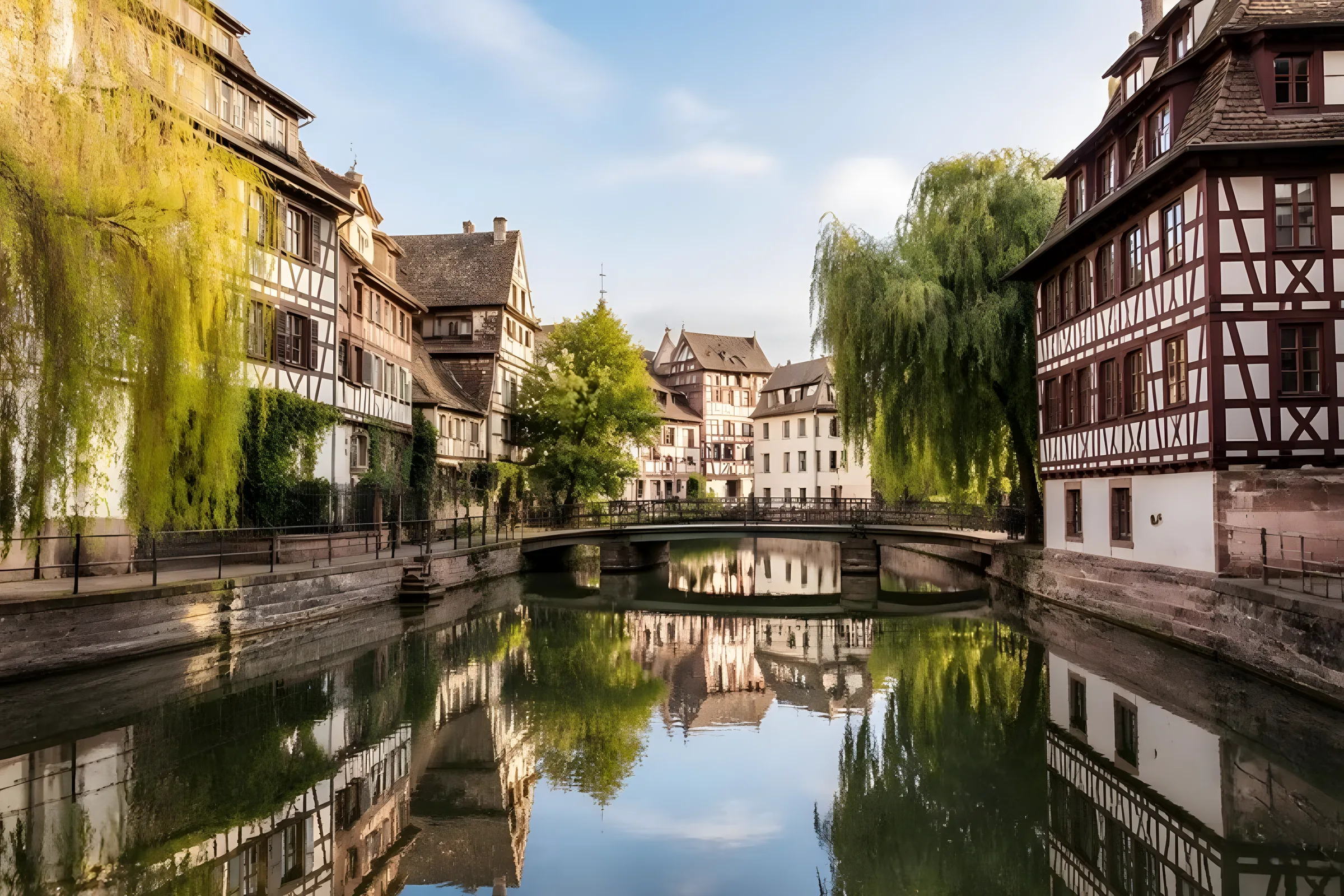 Canal lined with half-timbered houses and willows reflected in the water, with a small footbridge
