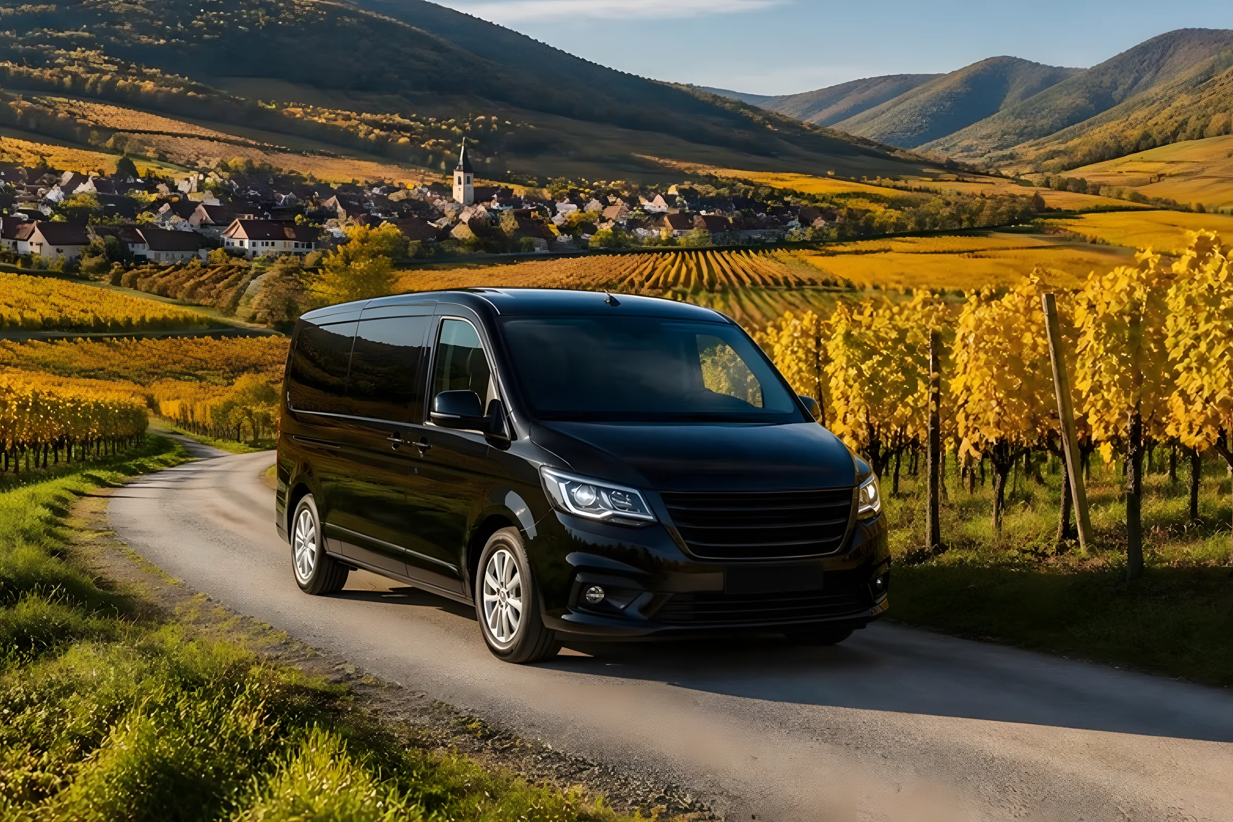 Black private van driving on a narrow road between golden vineyards in Alsace