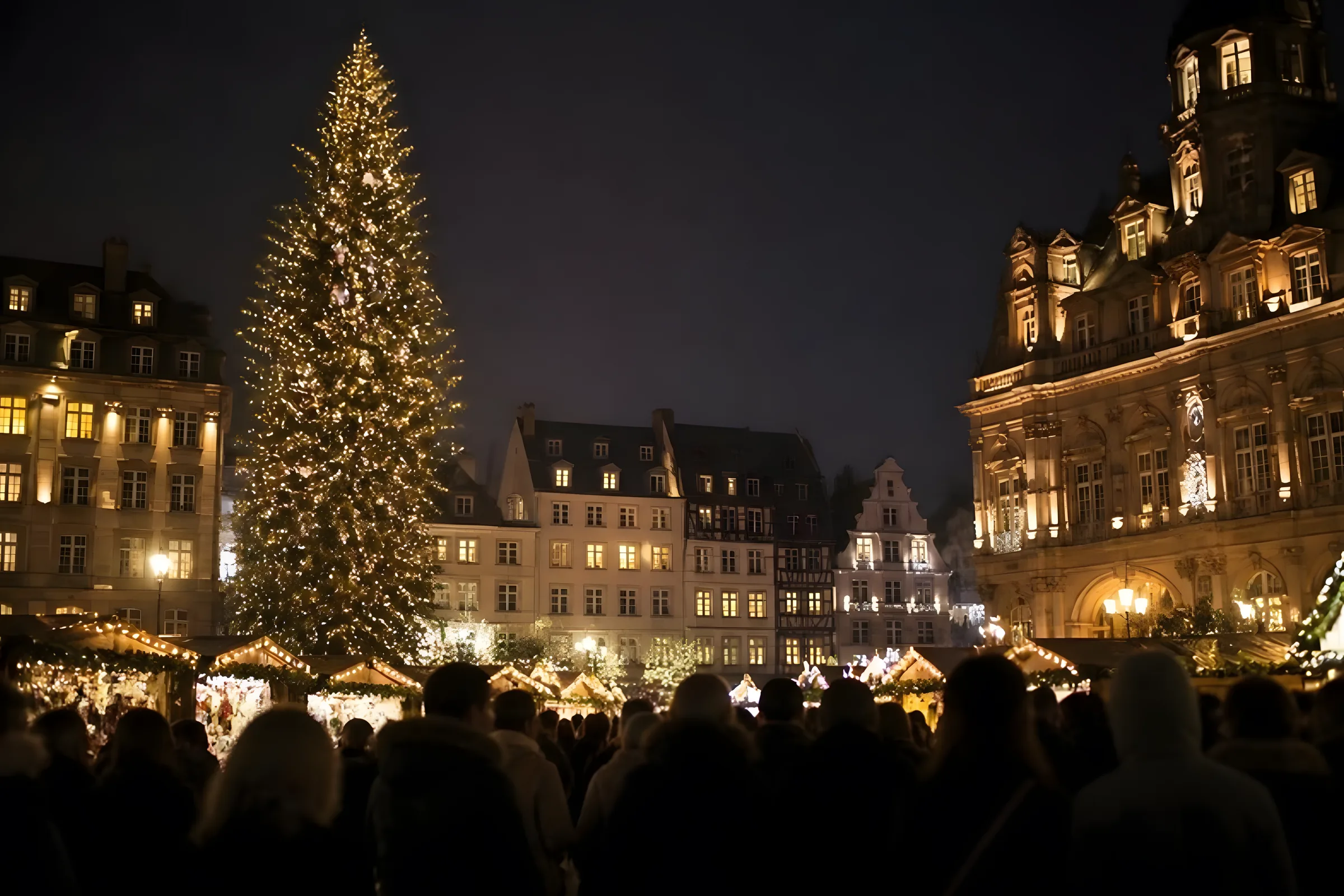 Large city square Christmas market at night with a tall illuminated Christmas tree and historic buildings