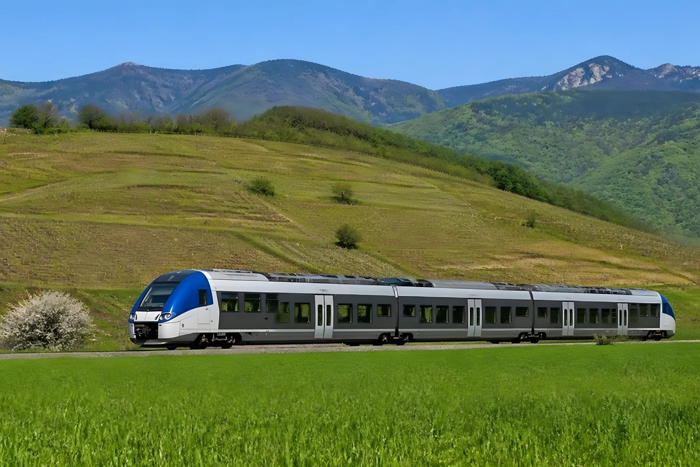 Regional passenger train crossing the Alsace plain with vineyards and the Vosges mountains behind