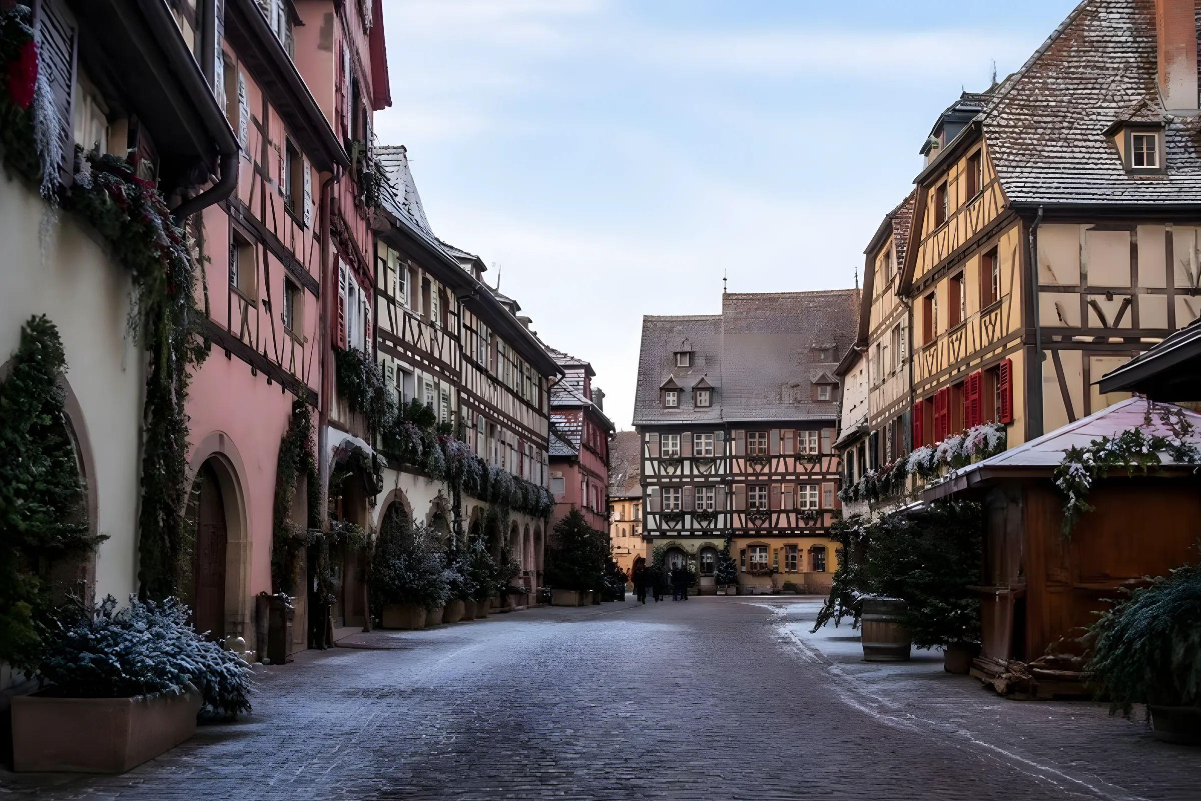 Curved street of half-timbered houses in a small Alsace wine village with Christmas decorations