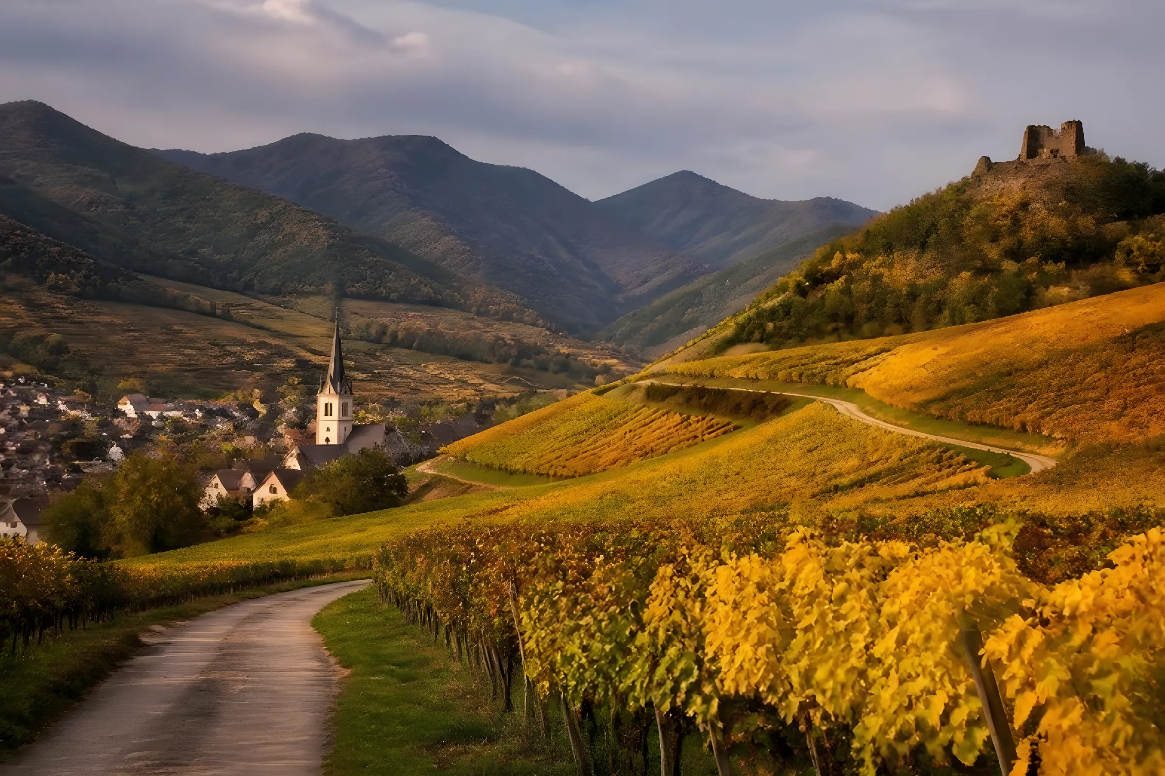Small road winding through golden autumn vineyards on the Alsace Wine Route, a village steeple and a castle ruin behind