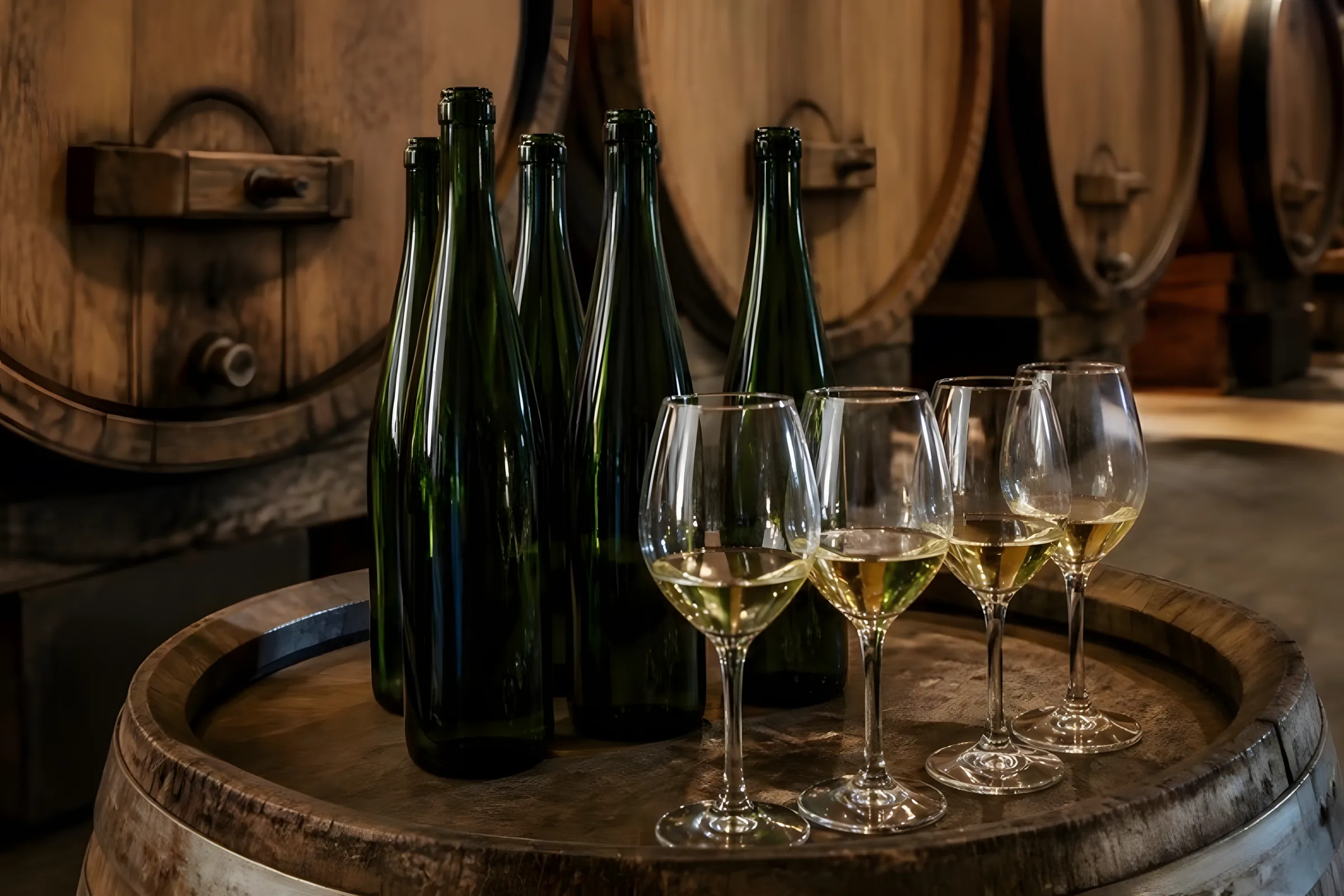Alsace wine bottles and glasses of white wine on an old barrel in a cellar with oak casks
