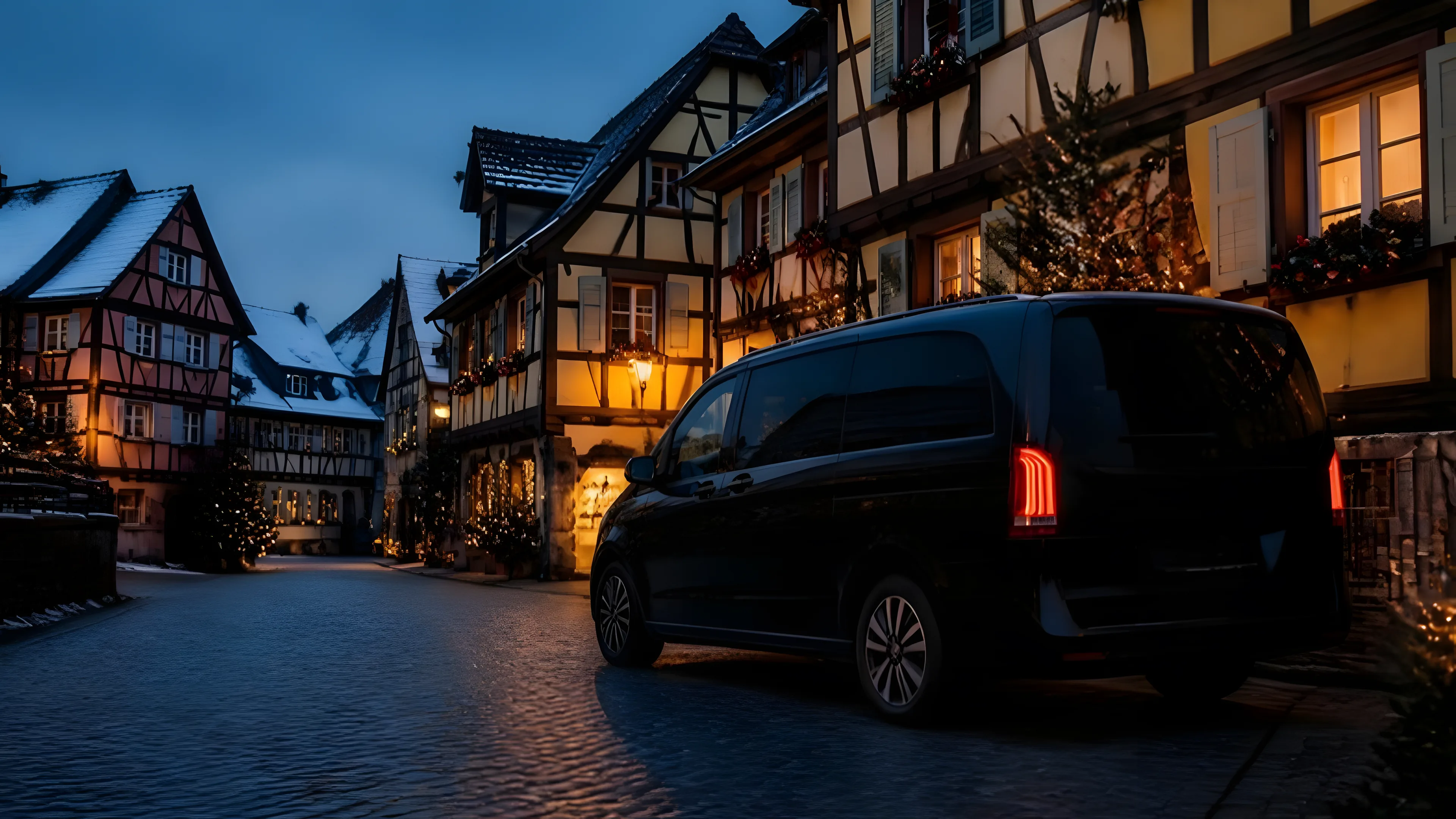 Black private van parked on a cobbled street of an Alsace village decorated for Christmas at dusk