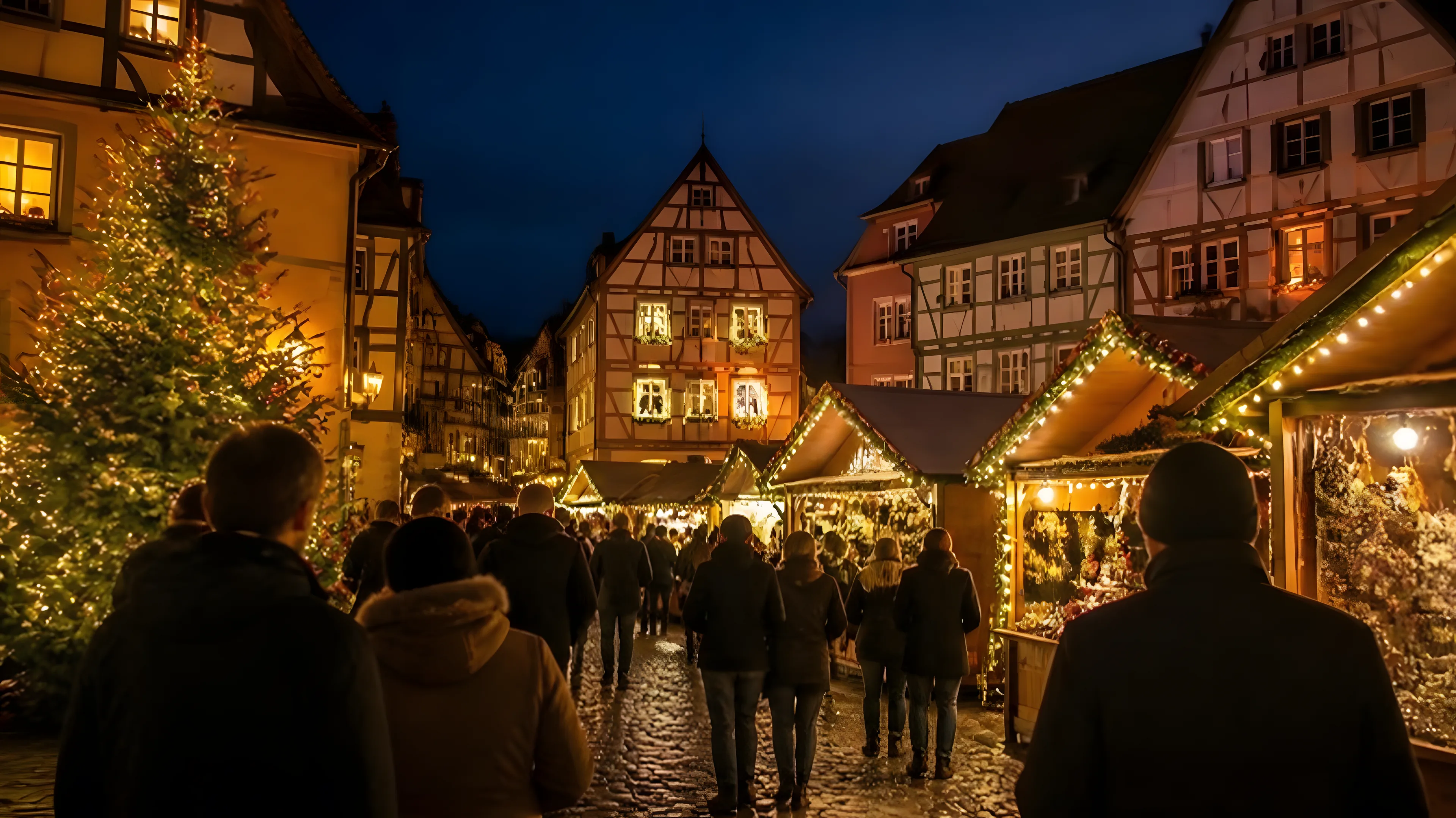 Village Christmas market at nightfall in Alsace, with lit wooden chalets, a Christmas tree and half-timbered houses