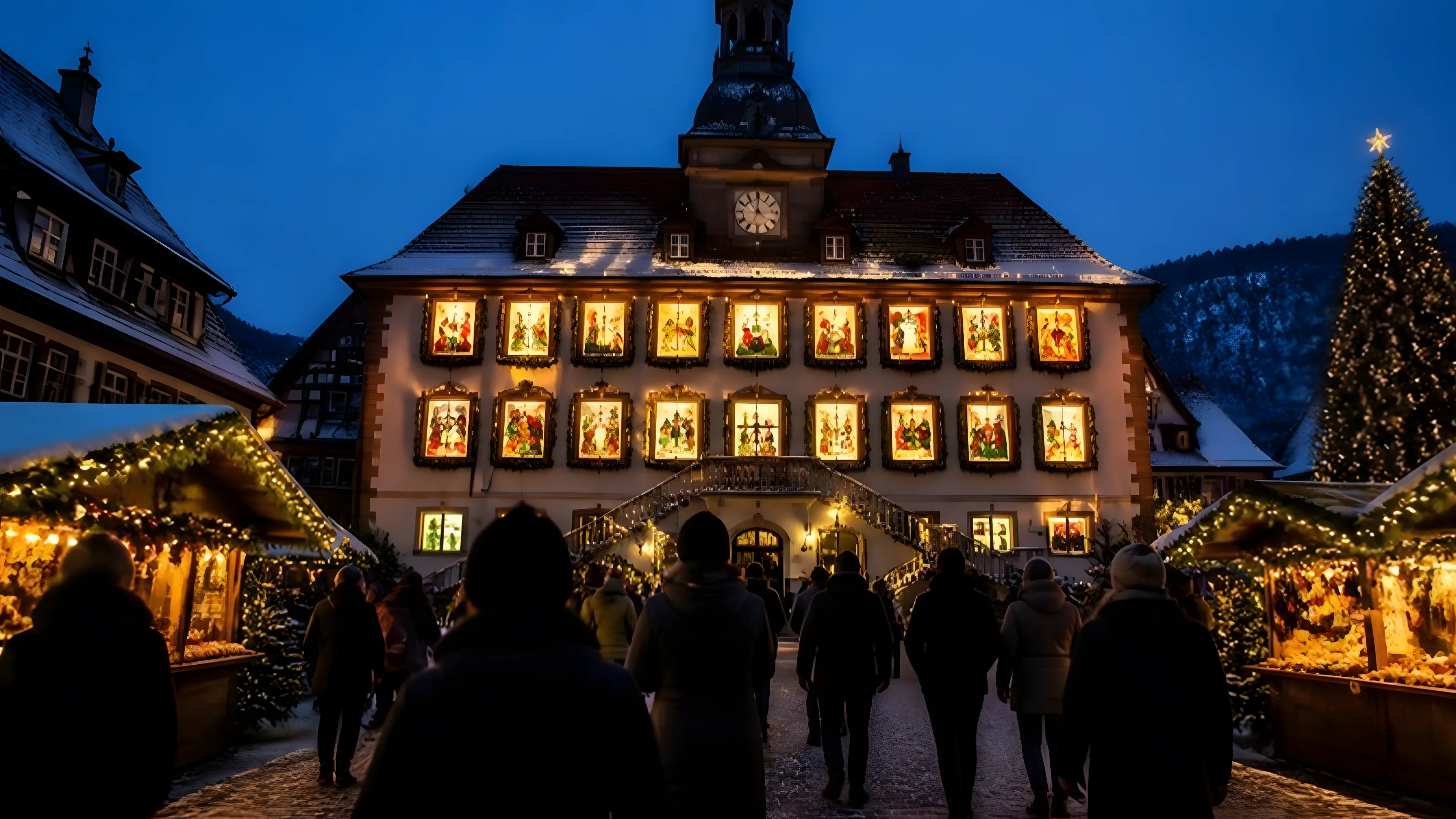Town hall with lit windows like an advent calendar above a Christmas market in the Black Forest at dusk
