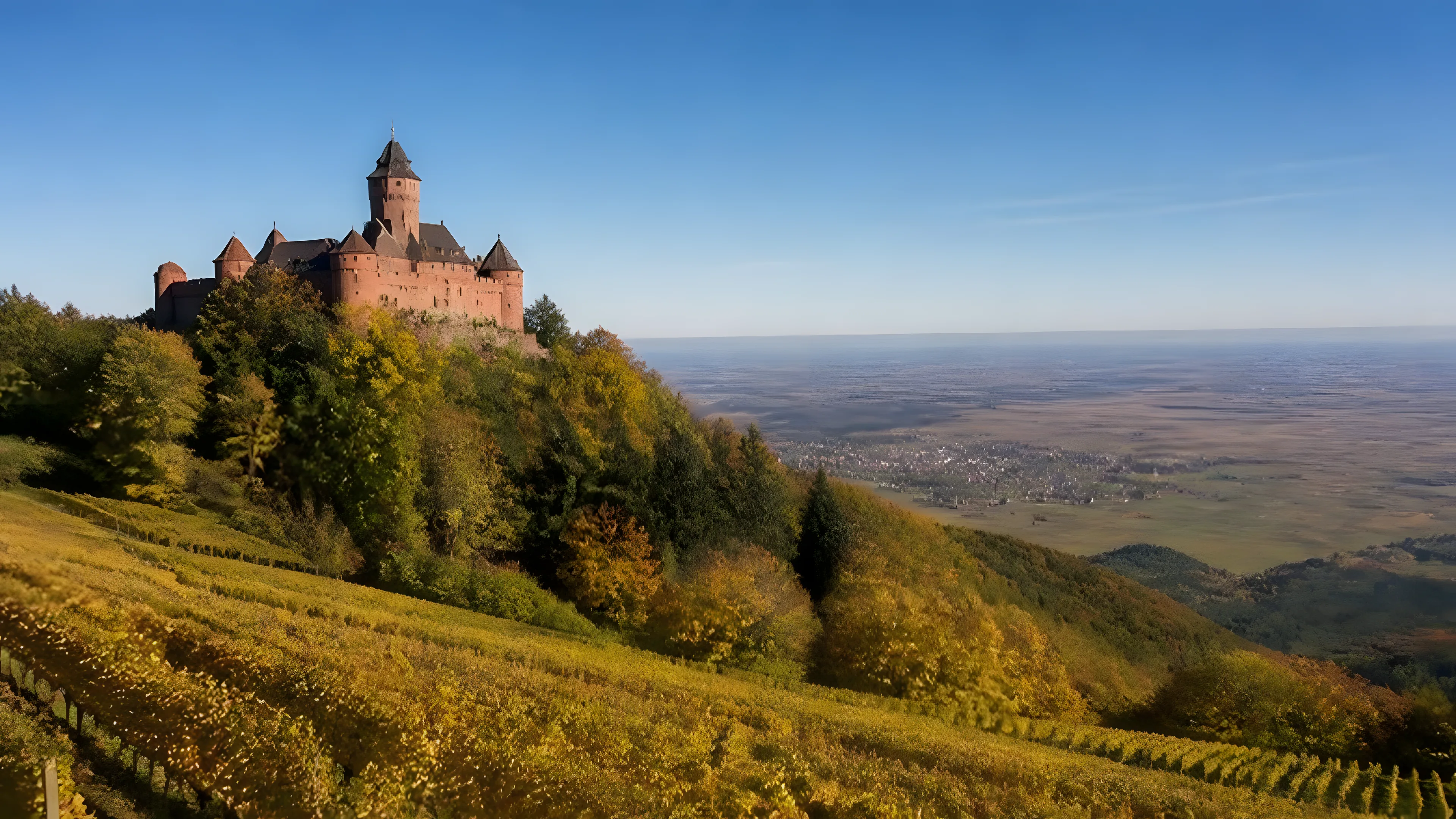 Red sandstone castle on a forested hilltop above autumn vineyards and the Alsace plain
