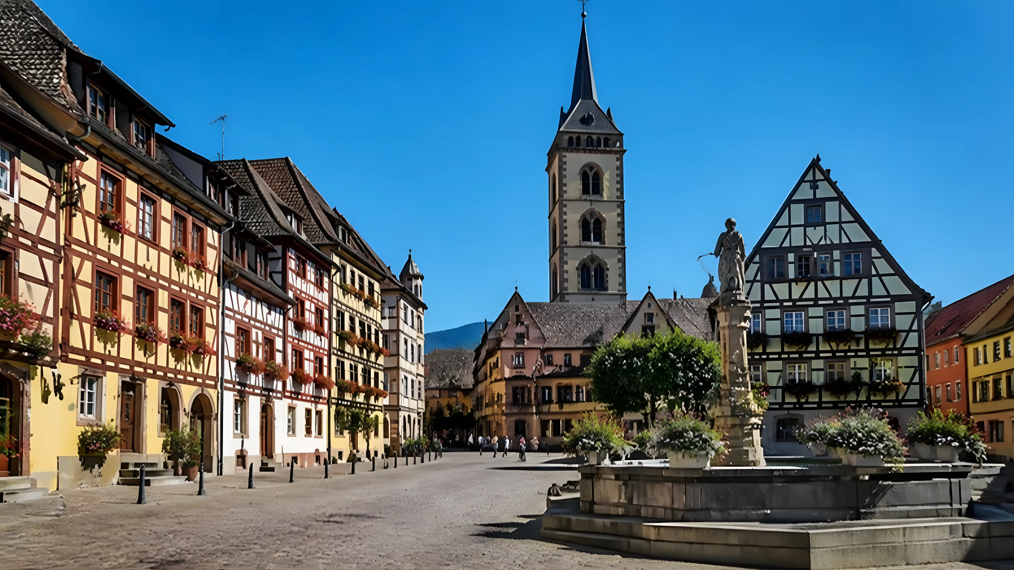 Market square of a small Alsace town with half-timbered houses, a fountain and a medieval bell tower