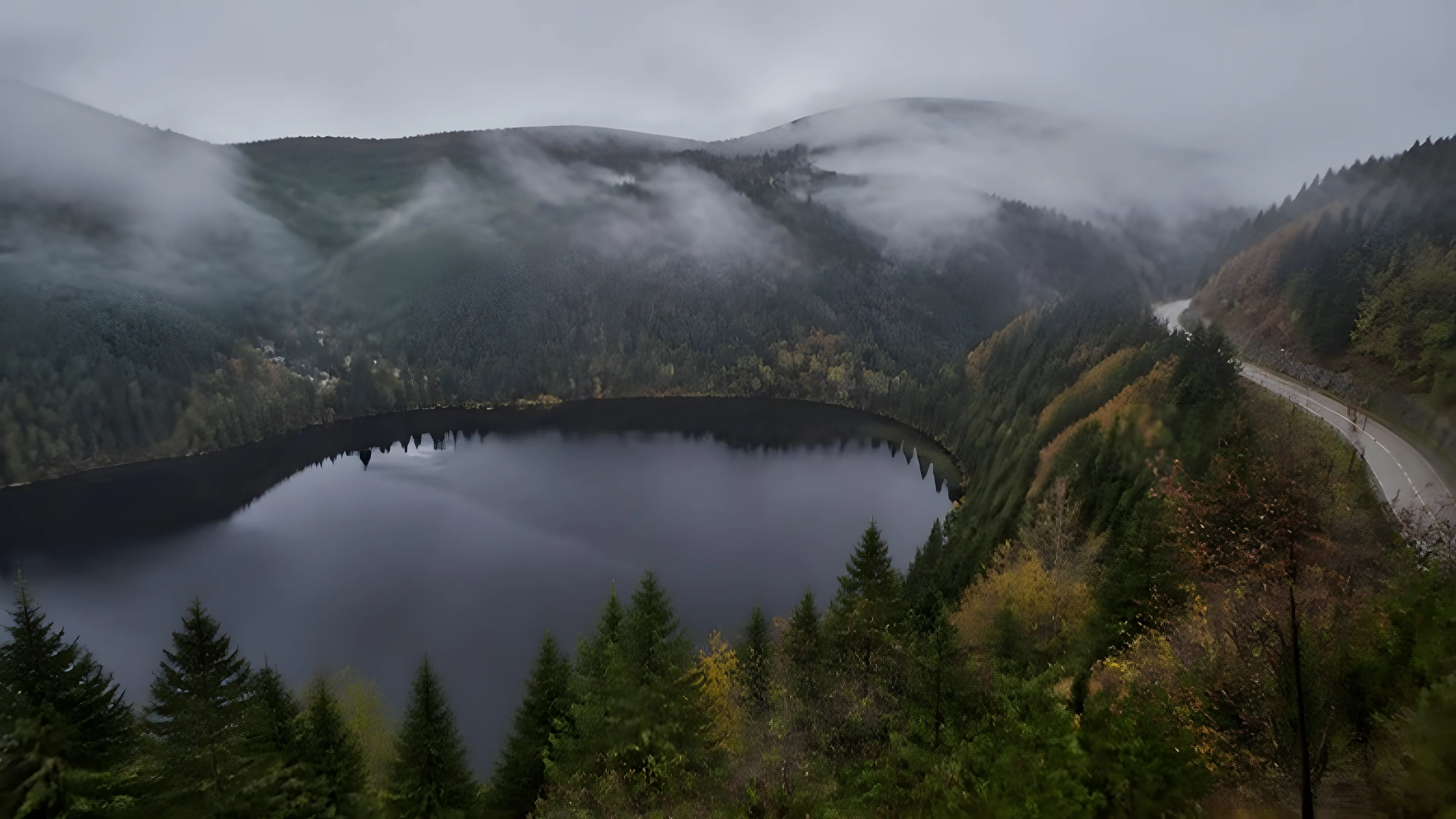 Dark lake in the fir forest of the Black Forest with morning mist and a mountain road along the slope