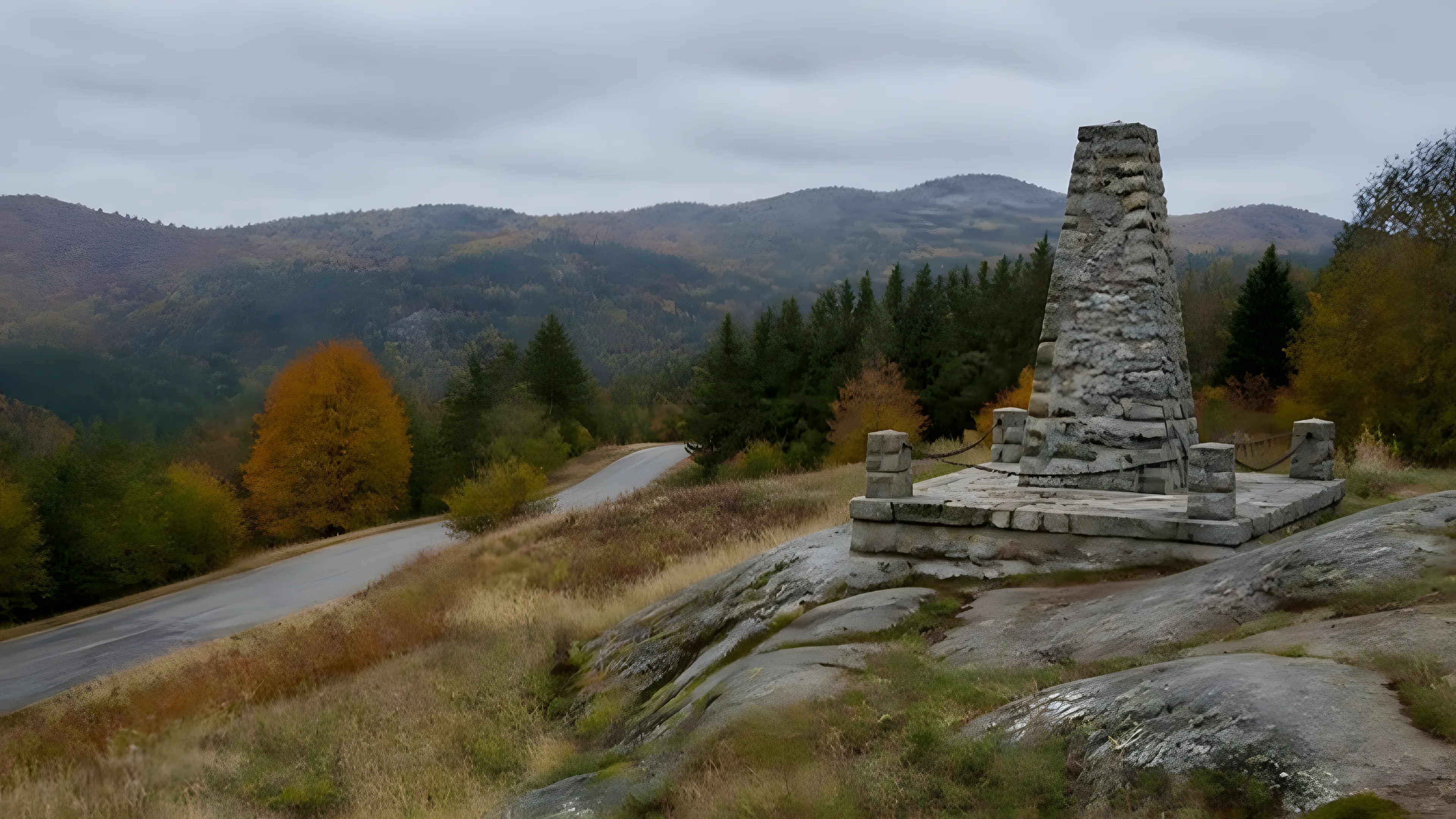 Stone memorial on a hillside in the forested Vosges mountains under an overcast autumn sky