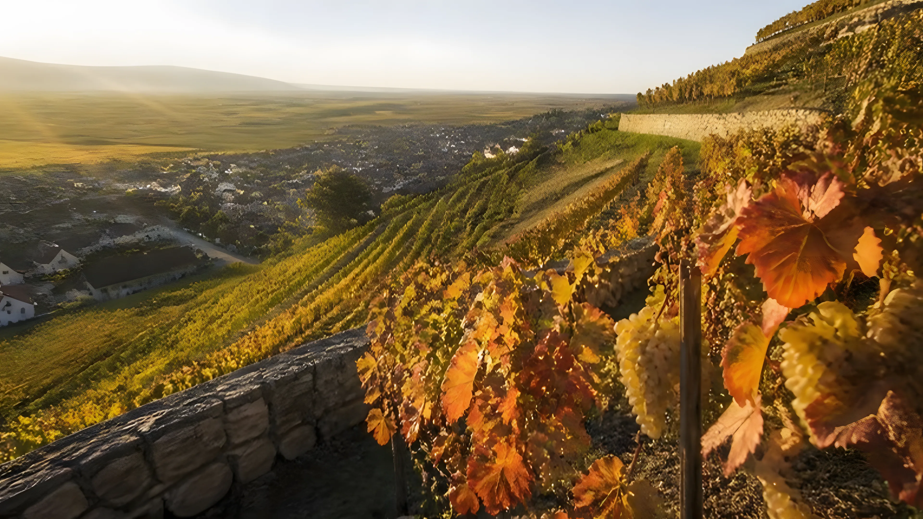 Steep Grand Cru vineyard slope in autumn with ripe grapes and red leaves above an Alsace wine village