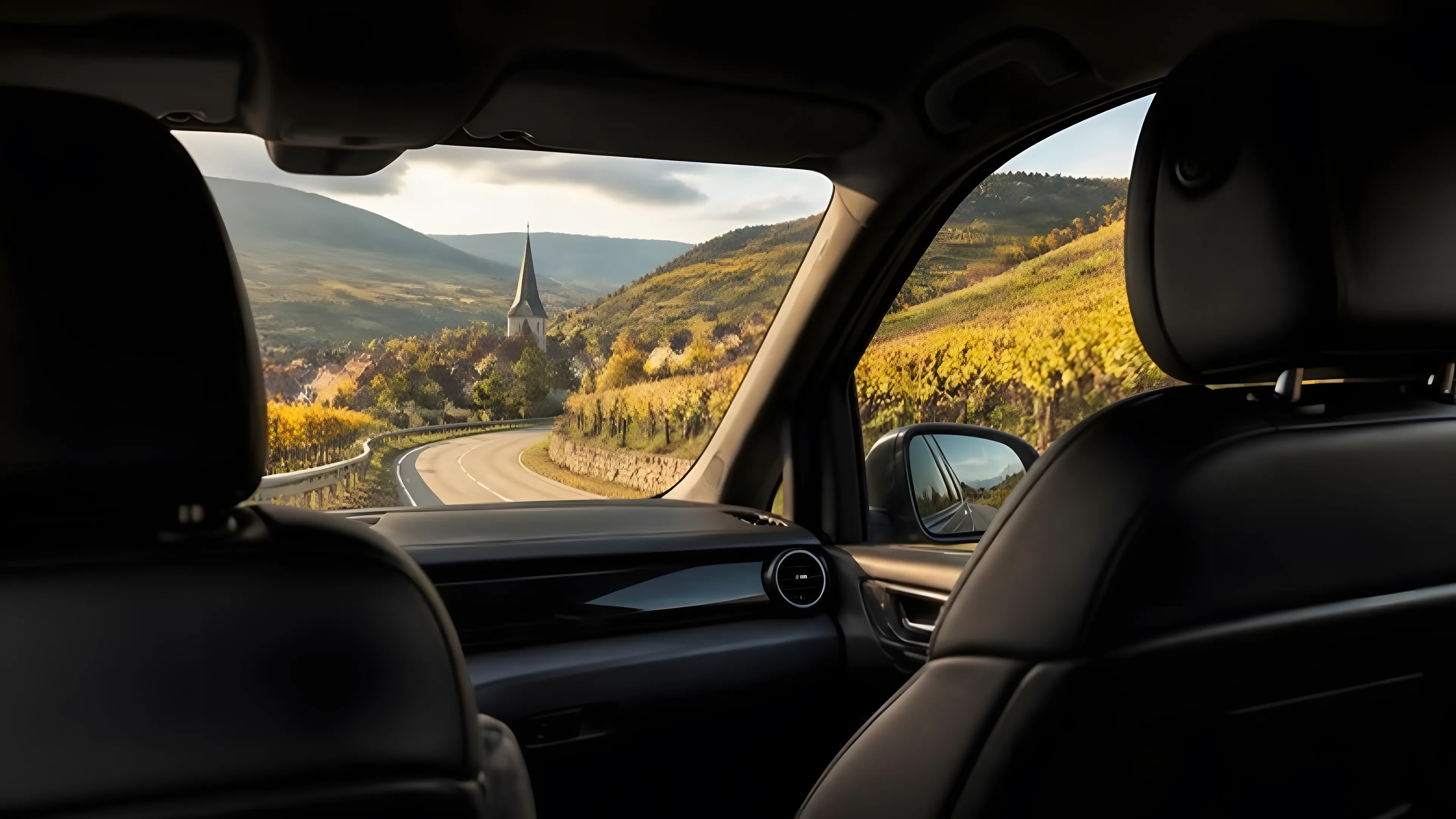 View from the back seat of a private van onto a road through autumn vineyards toward an Alsace village