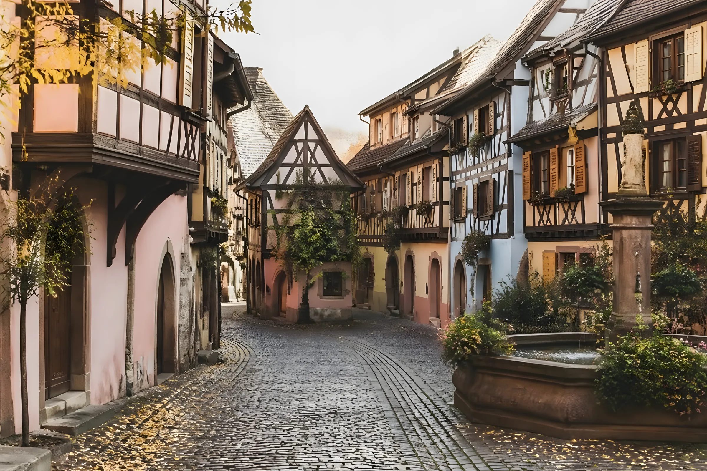 Curved cobbled lane of Eguisheim with pastel half-timbered houses, flower boxes and a stone fountain