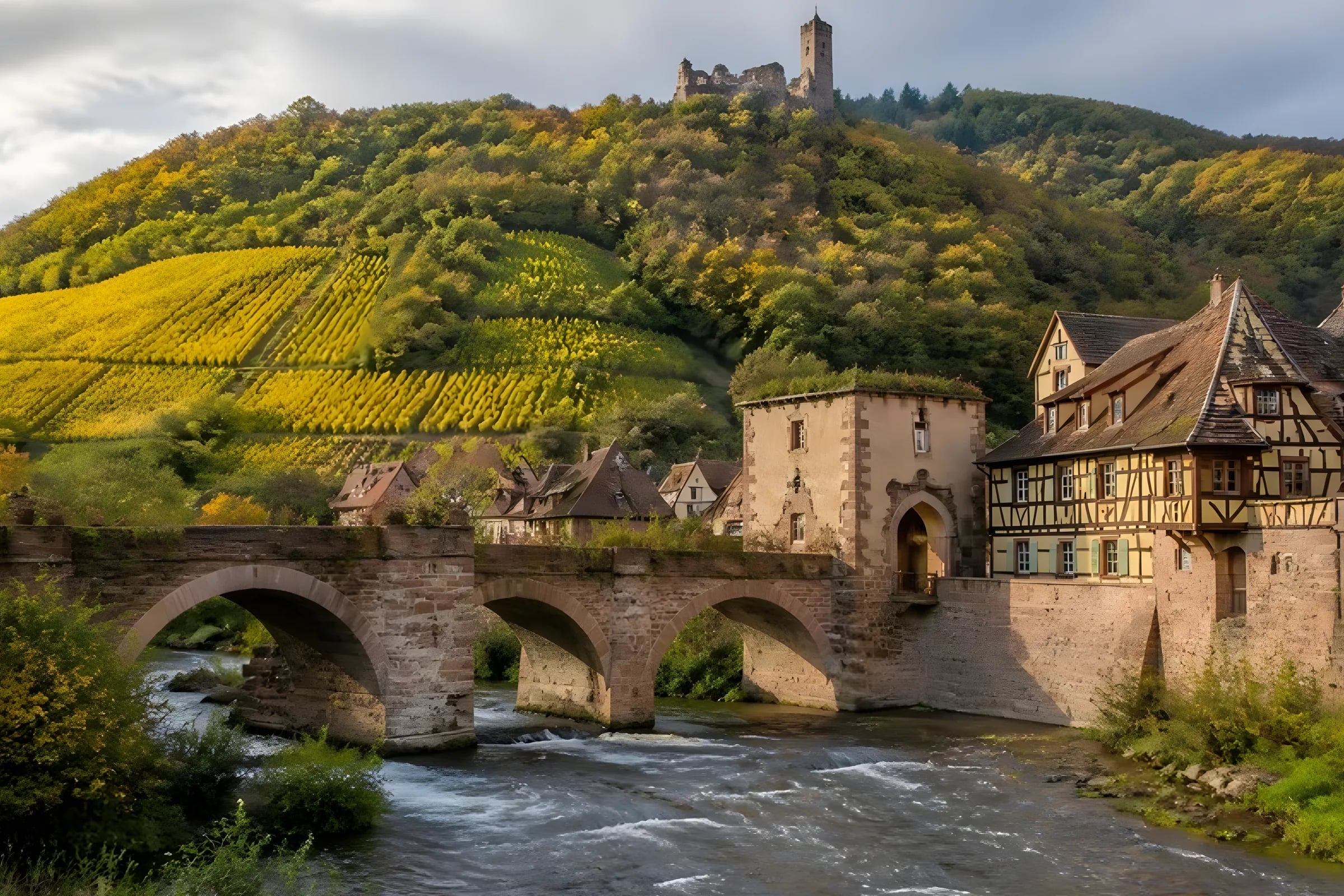 Fortified stone bridge over the Weiss river in Kaysersberg, with the castle ruin on the vineyard hill above