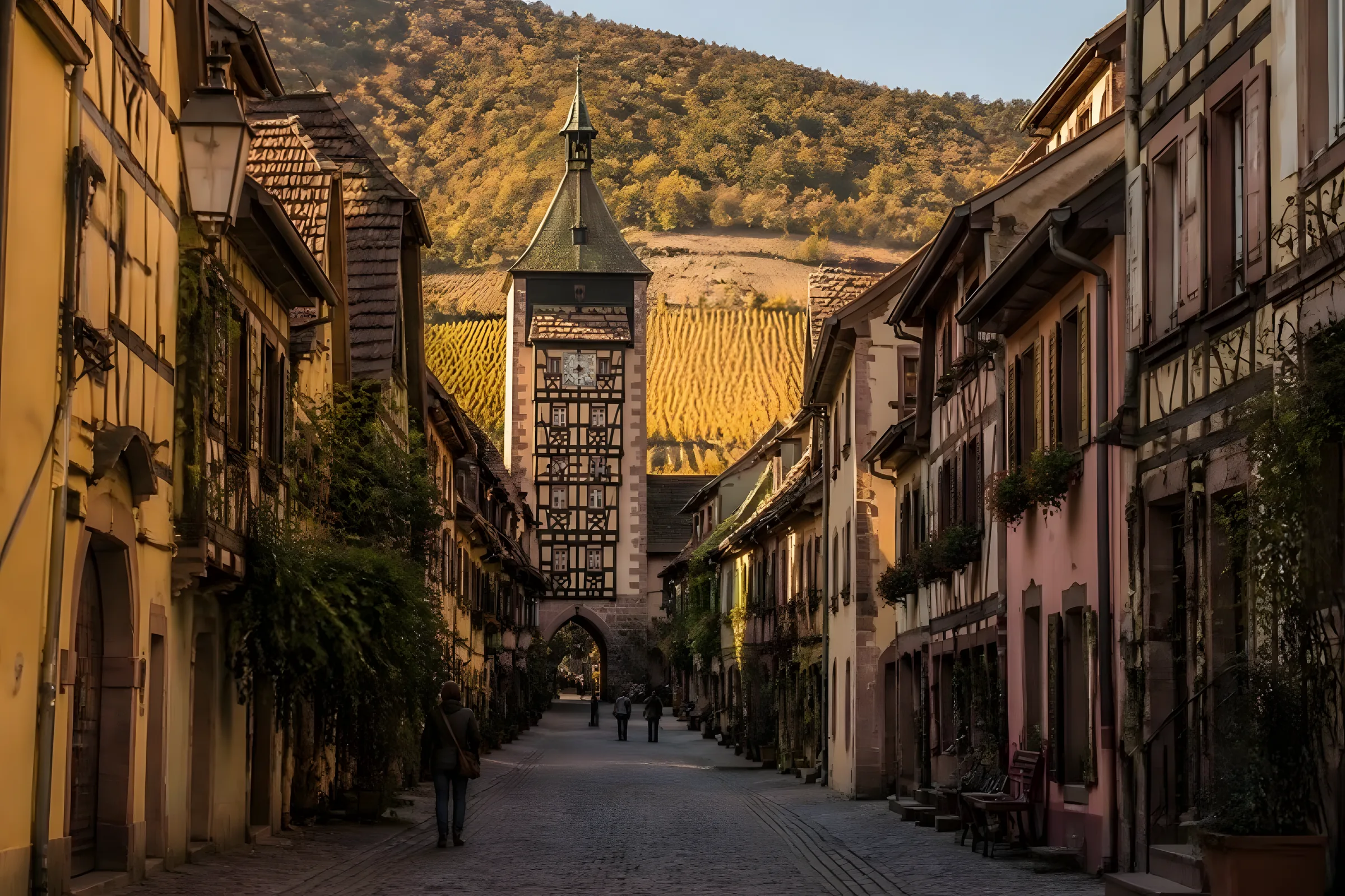 Main street of Riquewihr with half-timbered houses and the Dolder gate tower, vineyards on the hill behind