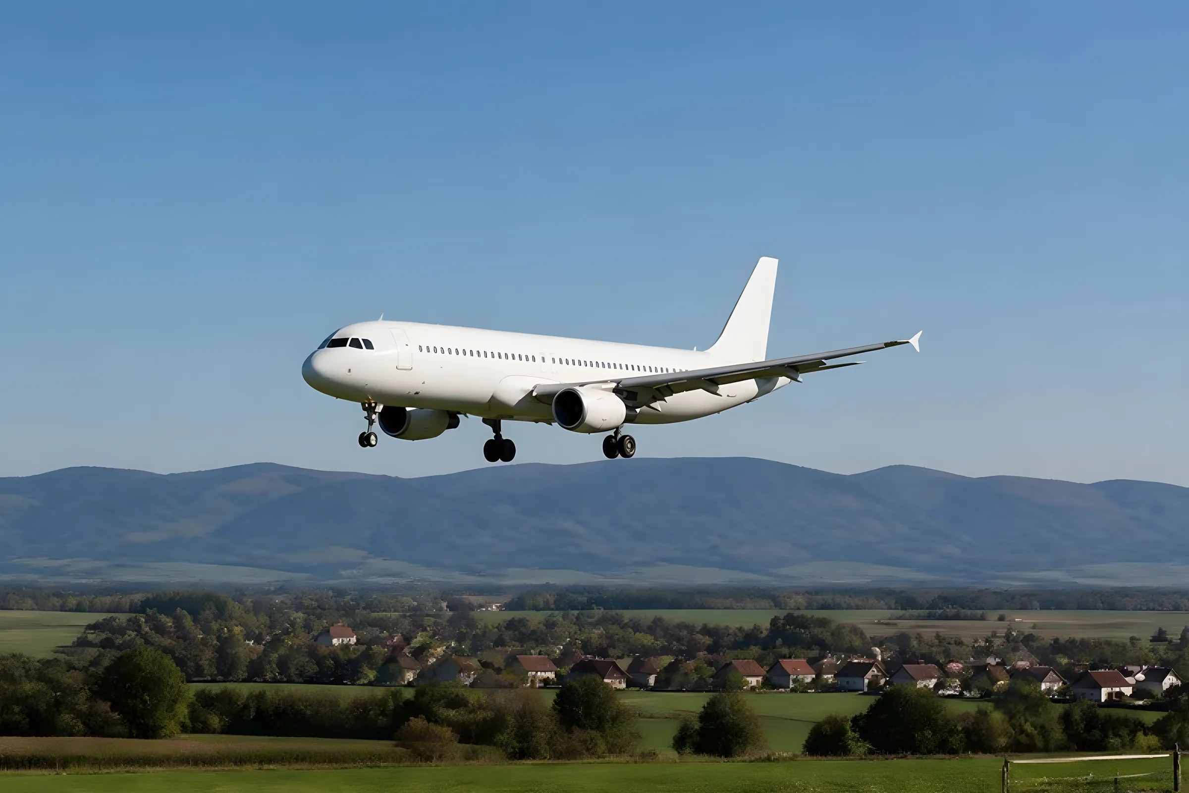 Passenger jet on final approach above the plain of southern Alsace with the Vosges mountains on the horizon